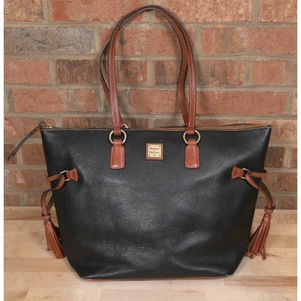 Dooney & Bourke Black Pebbled Leather Tassel Shopper Tote Bag Purse Handbag